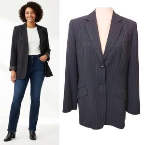 LOFT Y2K Plus 14P Black Grey Wool Blend Pen Stripe Single Breasted Blazer
